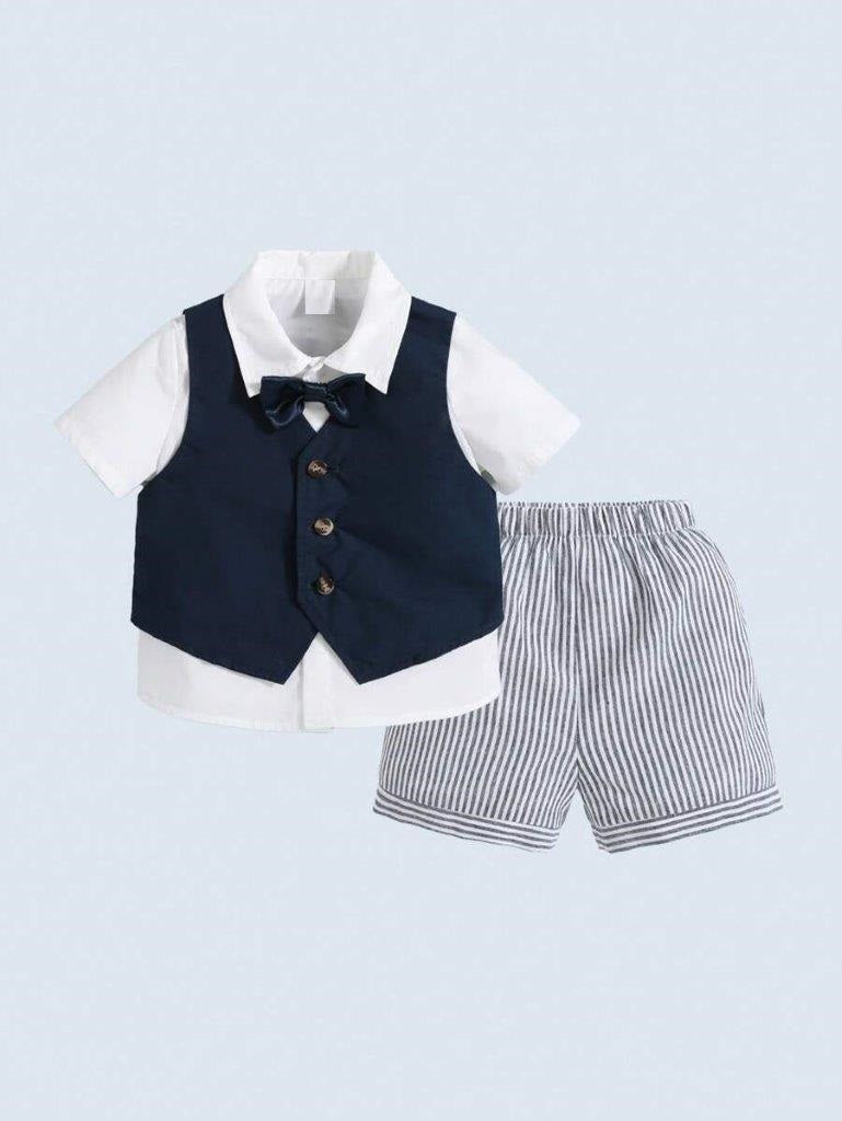 Baby 3 Piece Bow Tie Shirt, Vest And Stripe Shorts Set