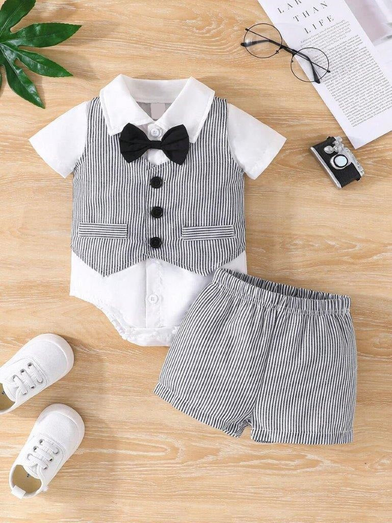 Baby 3 Piece Bow Tie Stripe Bodysuit Vest And Shorts Set