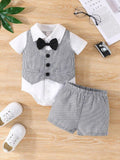 Baby 3 Piece Bow Tie Stripe Bodysuit Vest And Shorts Set