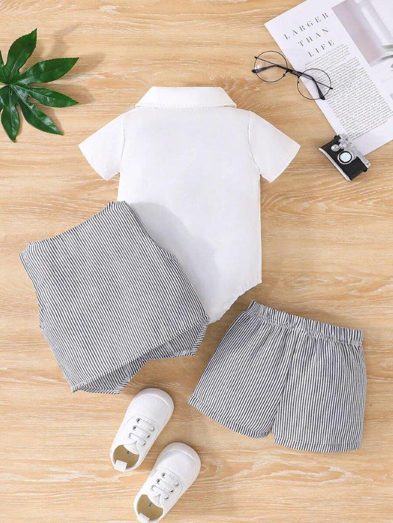 Baby 3 Piece Bow Tie Stripe Bodysuit Vest And Shorts Set