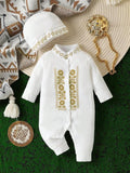 Baby White Elegant Print Jumpsuit With Hat