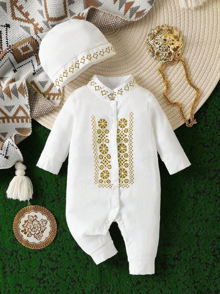 Baby White Elegant Print Jumpsuit With Hat
