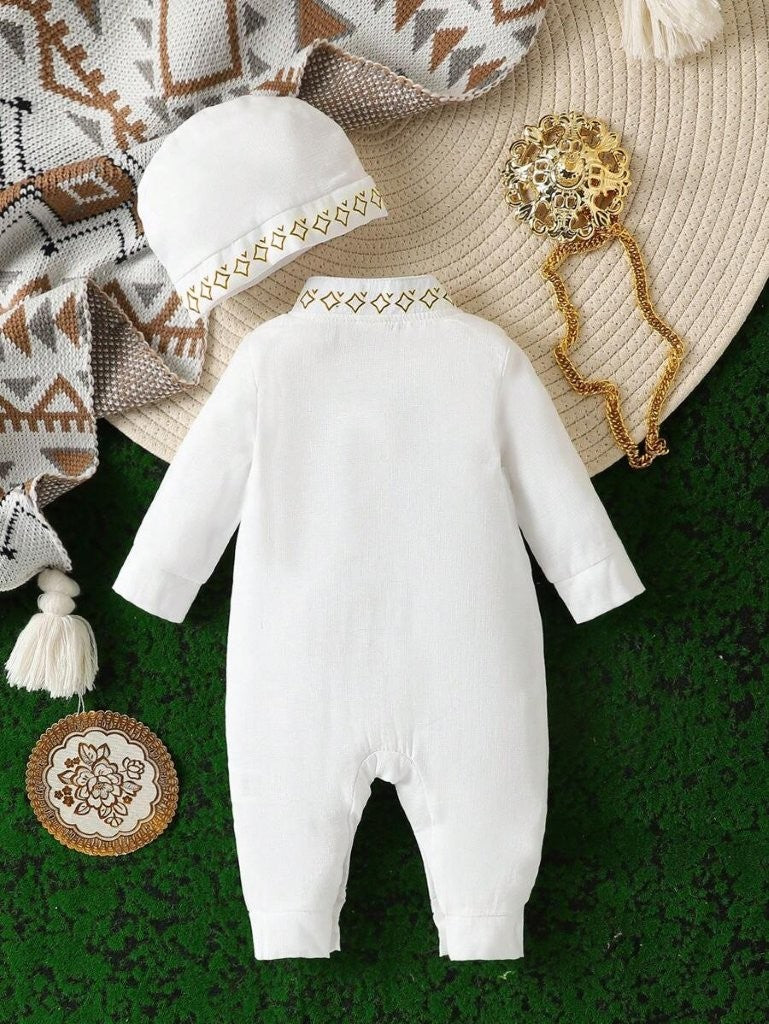 Baby White Elegant Print Jumpsuit With Hat