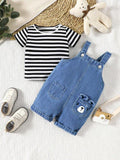 Baby Stripe Tee And Denim Dungaree Set