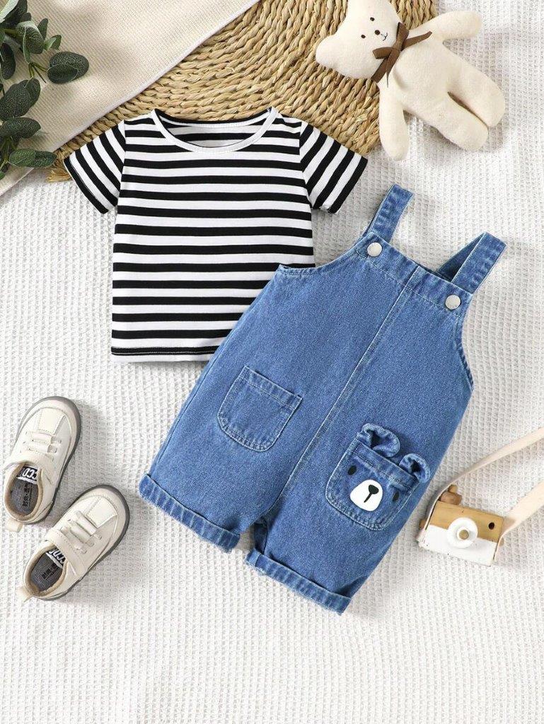 Baby Stripe Tee And Denim Dungaree Set