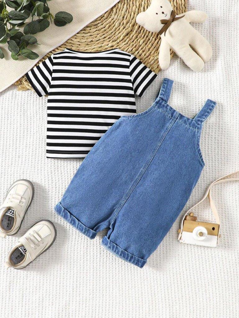 Baby Stripe Tee And Denim Dungaree Set