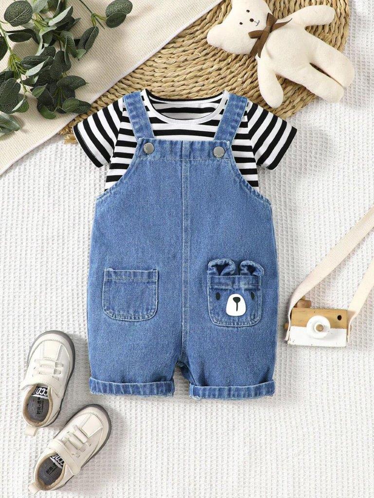 Baby Stripe Tee And Denim Dungaree Set