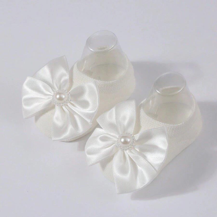 Baby White Pearl Bow Socks With Headband 3-12 Months