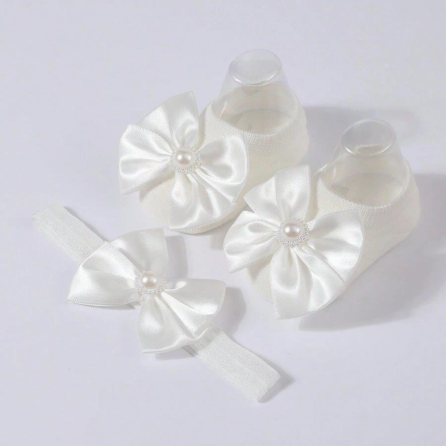 Baby White Pearl Bow Socks With Headband 3-12 Months