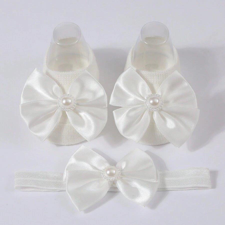 Baby White Pearl Bow Socks With Headband 3-12 Months