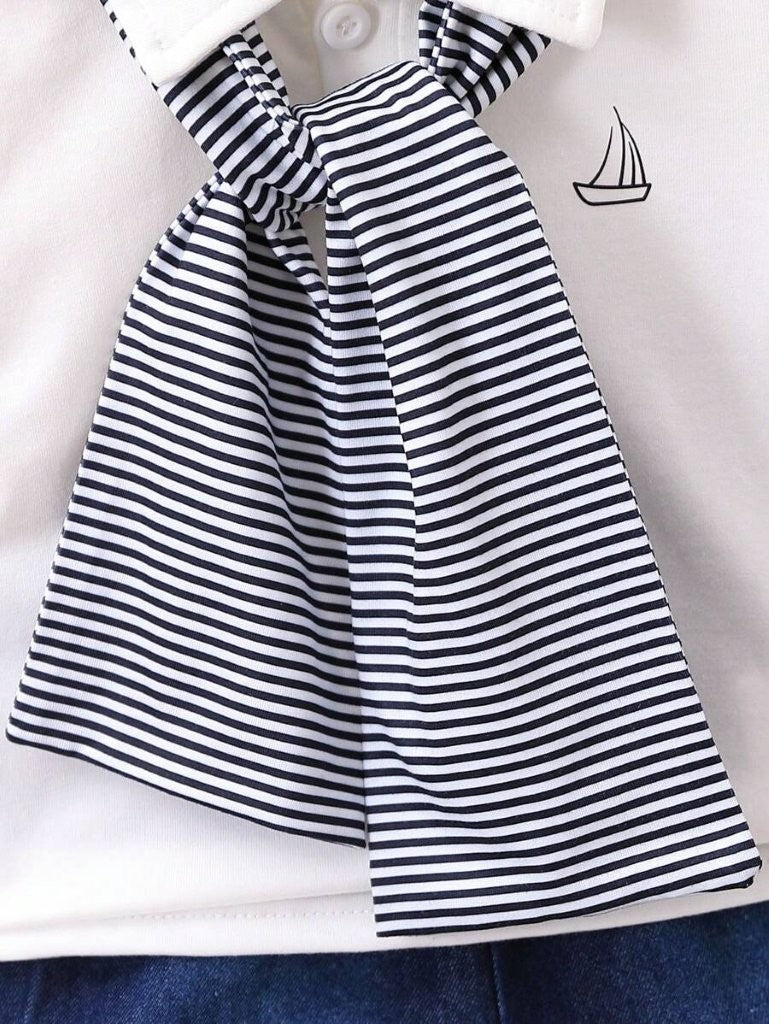 Baby Sailboat Print Tee And Shorts With Stripe Scarf Set