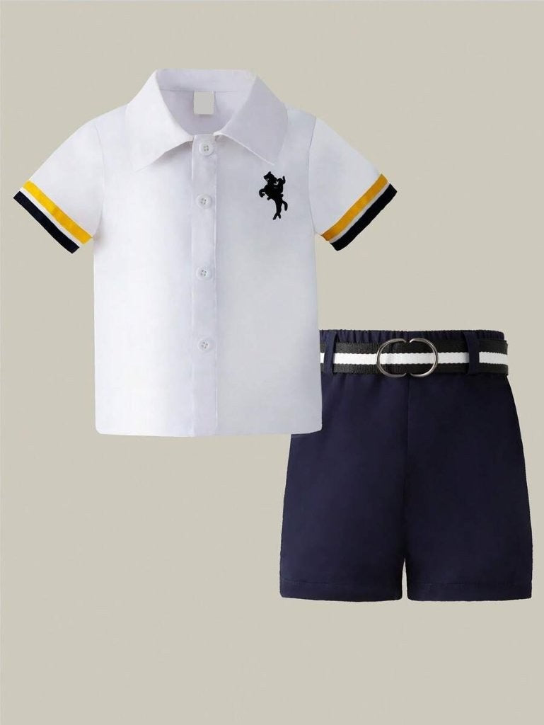 Baby Double Stripe Sleeve Shirt And Shorts With Belt Outfit