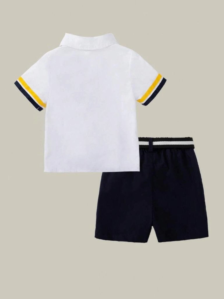 Baby Double Stripe Sleeve Shirt And Shorts With Belt Outfit