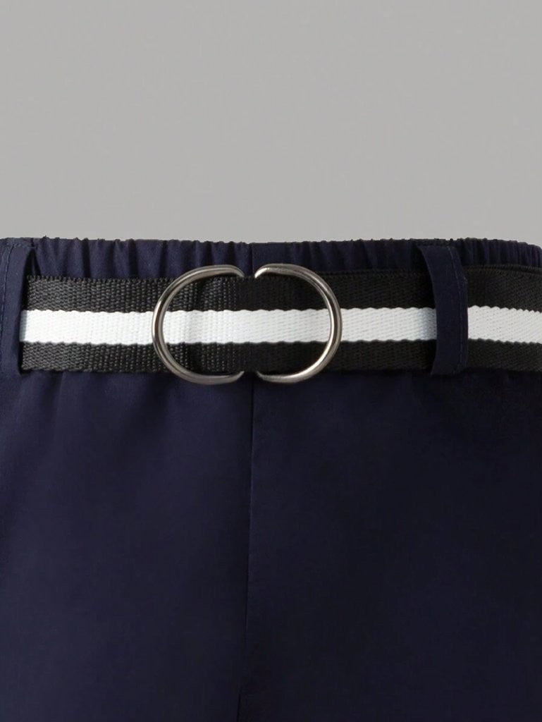 Baby Double Stripe Sleeve Shirt And Shorts With Belt Outfit