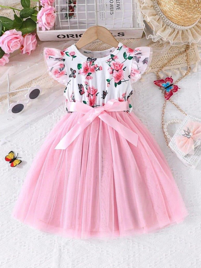 Toddler Girls Floral Flare Sleeve Belted Dress