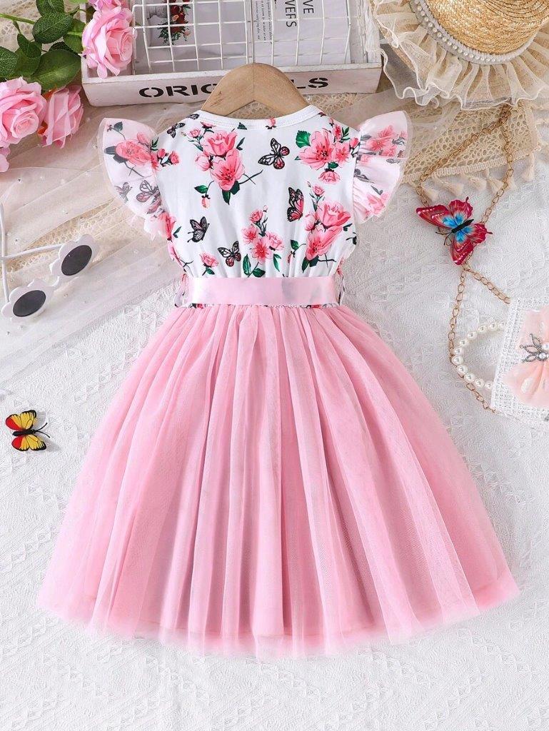 Toddler Girls Floral Flare Sleeve Belted Dress