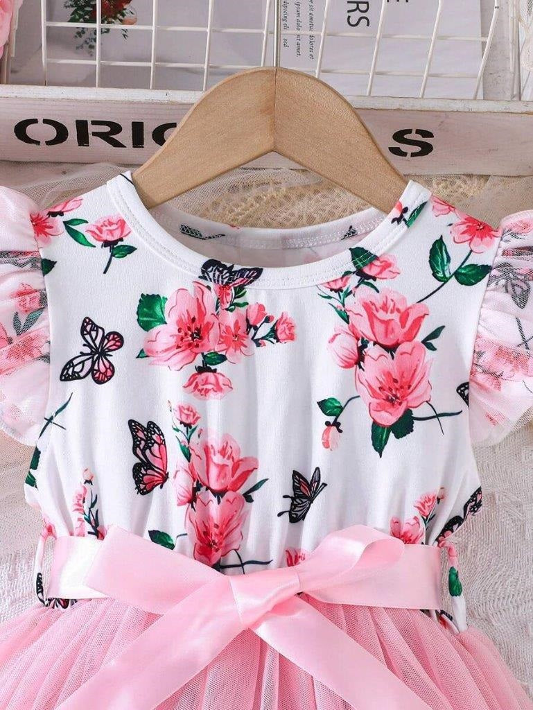 Toddler Girls Floral Flare Sleeve Belted Dress