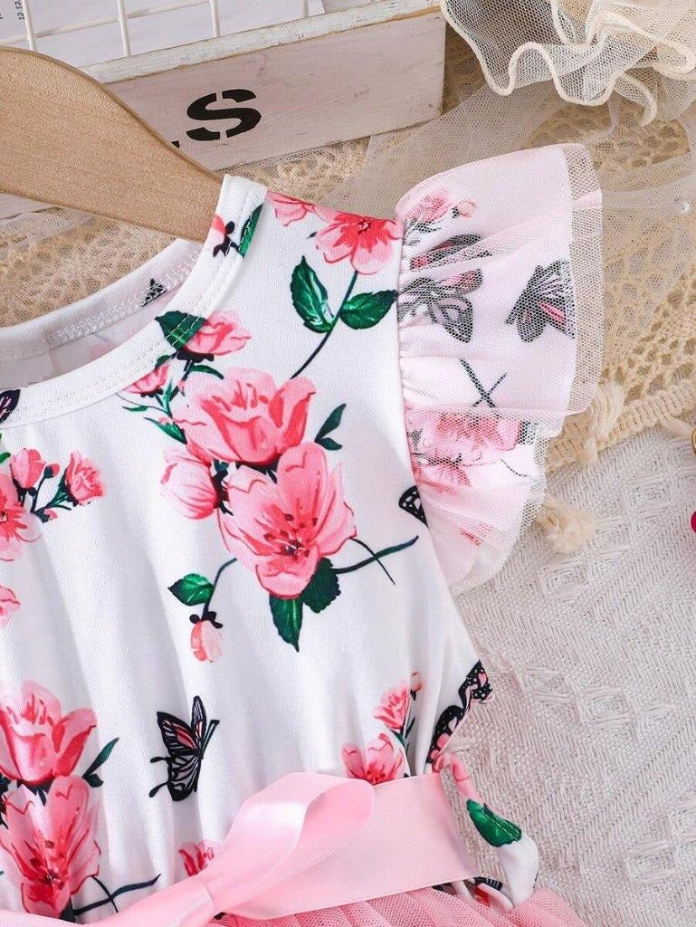 Toddler Girls Floral Flare Sleeve Belted Dress