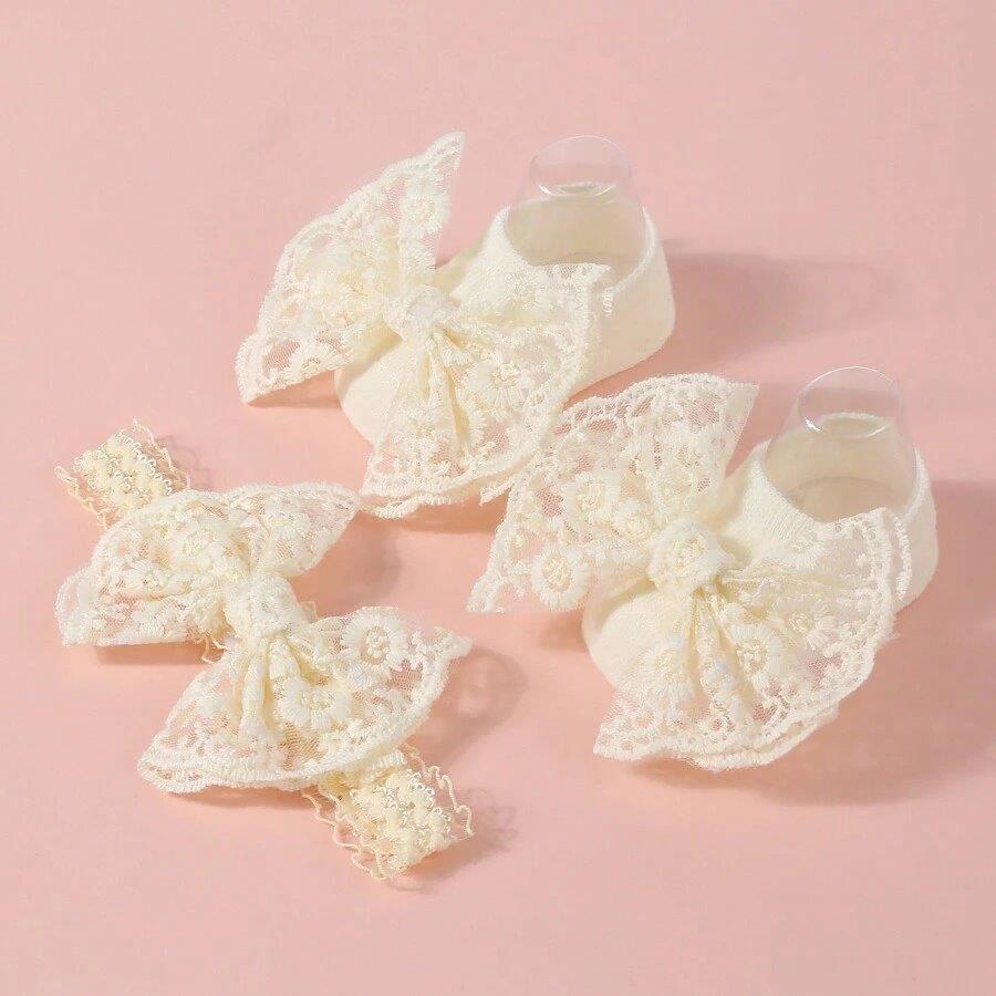 Baby Lace Decor Socks With Headband Beige