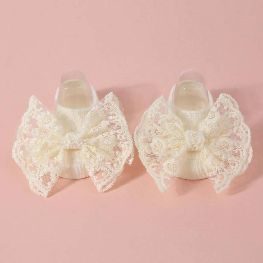 Baby Lace Decor Socks With Headband Beige