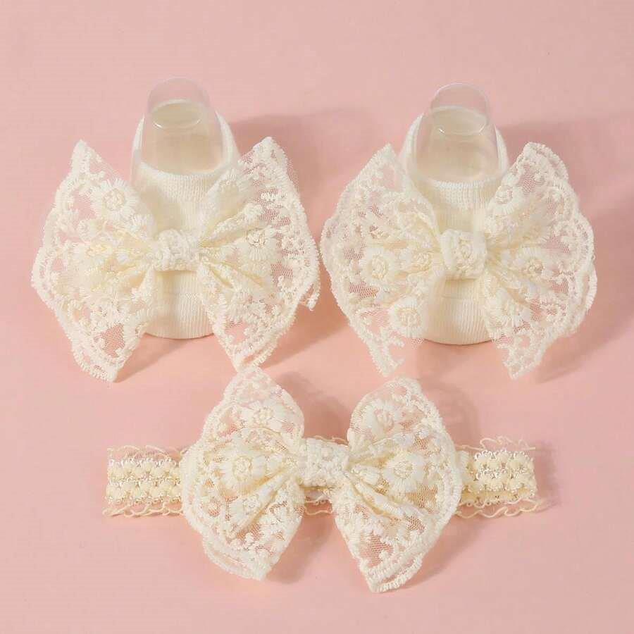 Baby Lace Decor Socks With Headband Beige