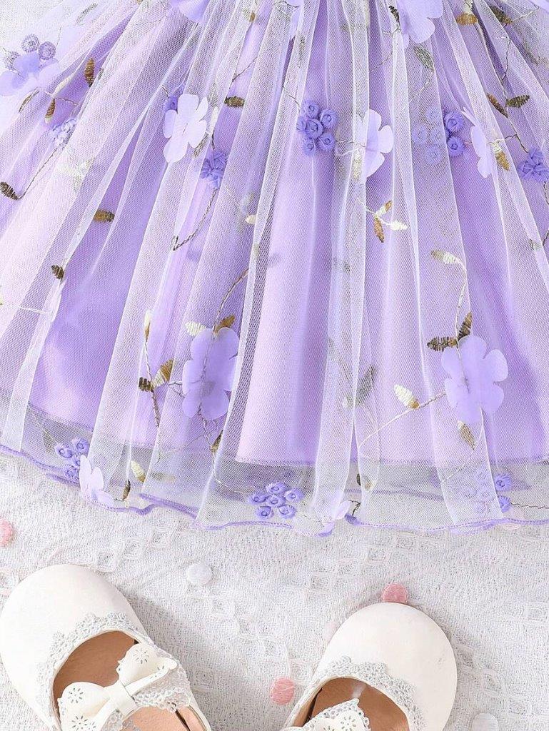 Baby Purple 3D Short Sleeve Flower Dress