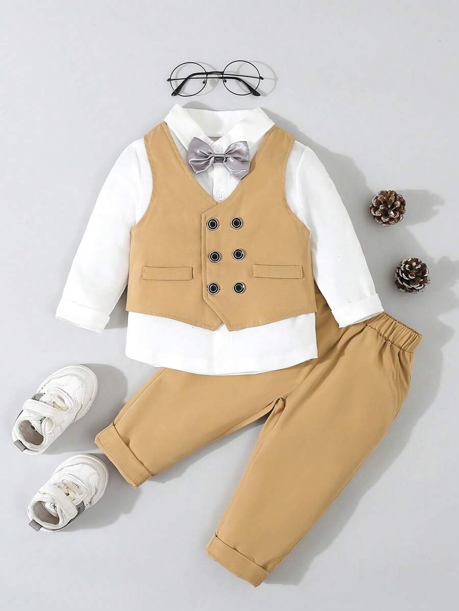 Baby 3 Piece Khaki Bow Tie Shirt, Vest And Pants Set