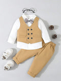 Baby 3 Piece Khaki Bow Tie Shirt, Vest And Pants Set