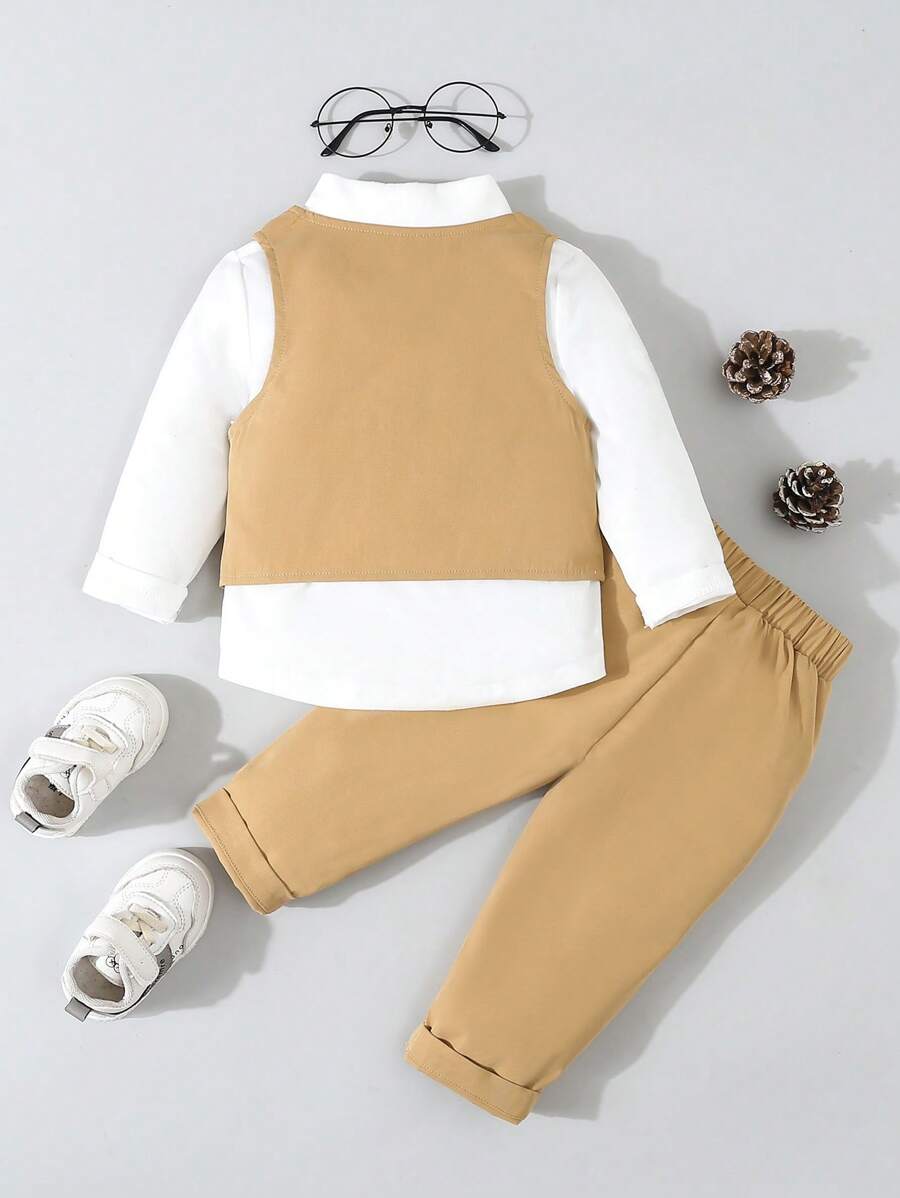 Baby 3 Piece Khaki Bow Tie Shirt, Vest And Pants Set