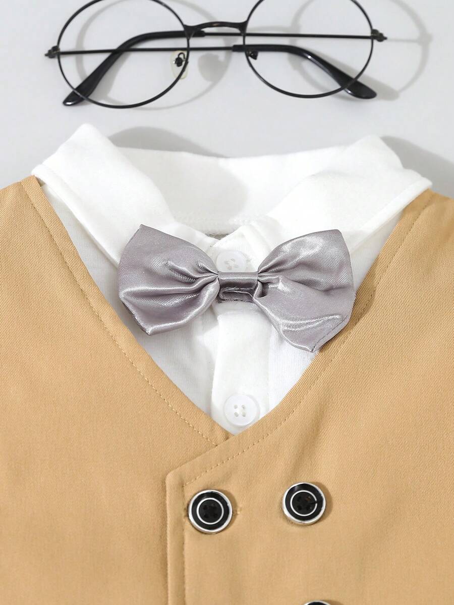 Baby 3 Piece Khaki Bow Tie Shirt, Vest And Pants Set