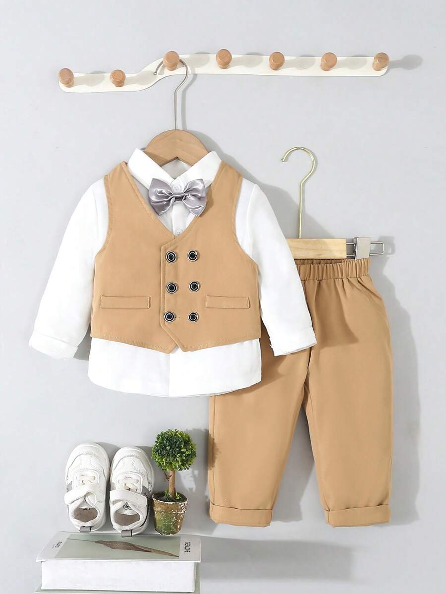 Baby 3 Piece Khaki Bow Tie Shirt, Vest And Pants Set