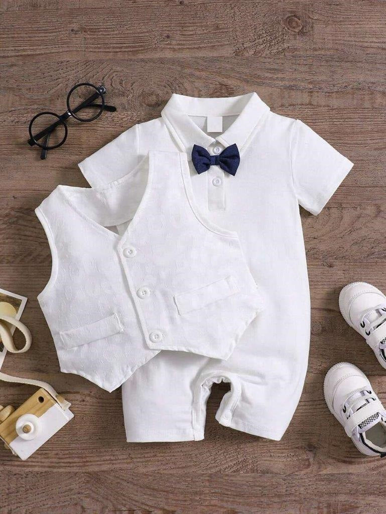 Baby White Embroidery Vest With Bow Tie Romper Set
