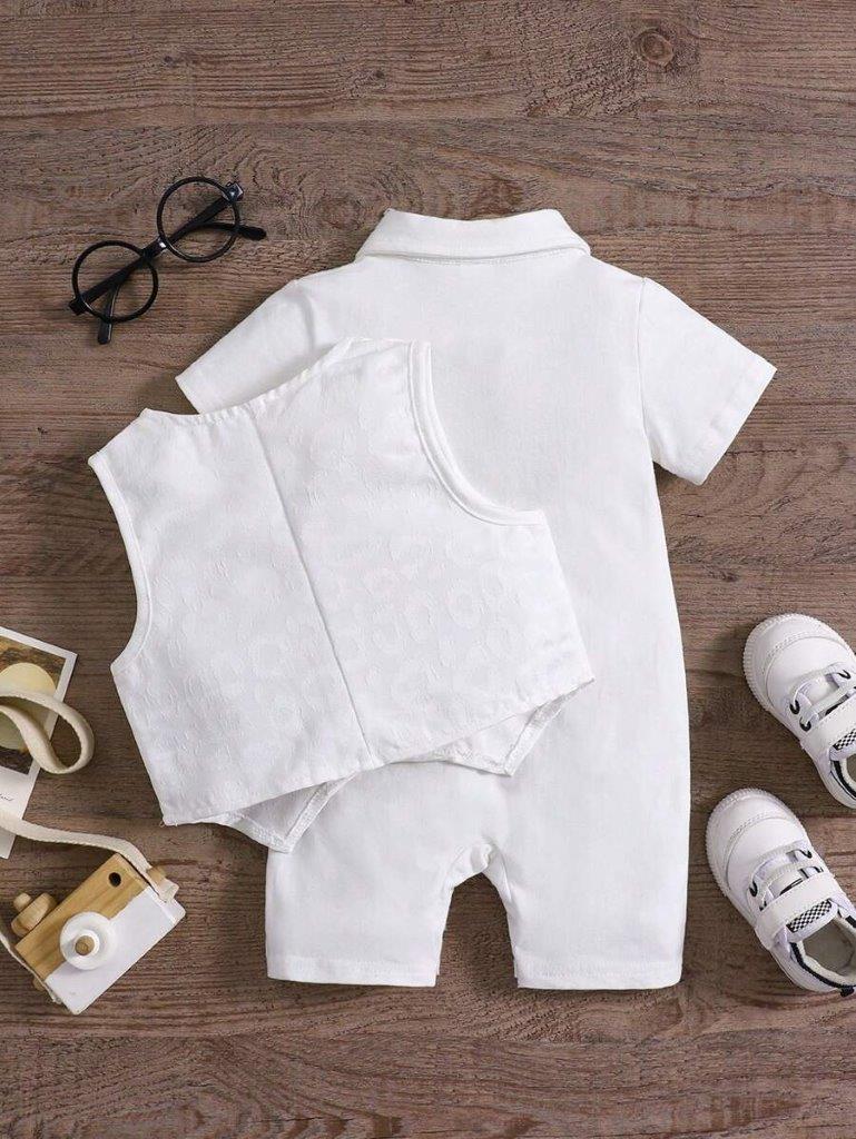 Baby White Embroidery Vest With Bow Tie Romper Set