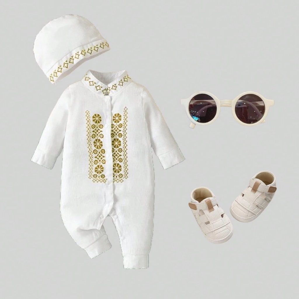 Baby White Elegant Print Jumpsuit With Hat