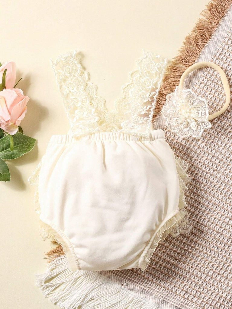 Baby Photography Newborn Contrast Lace Bodysuit With Headband