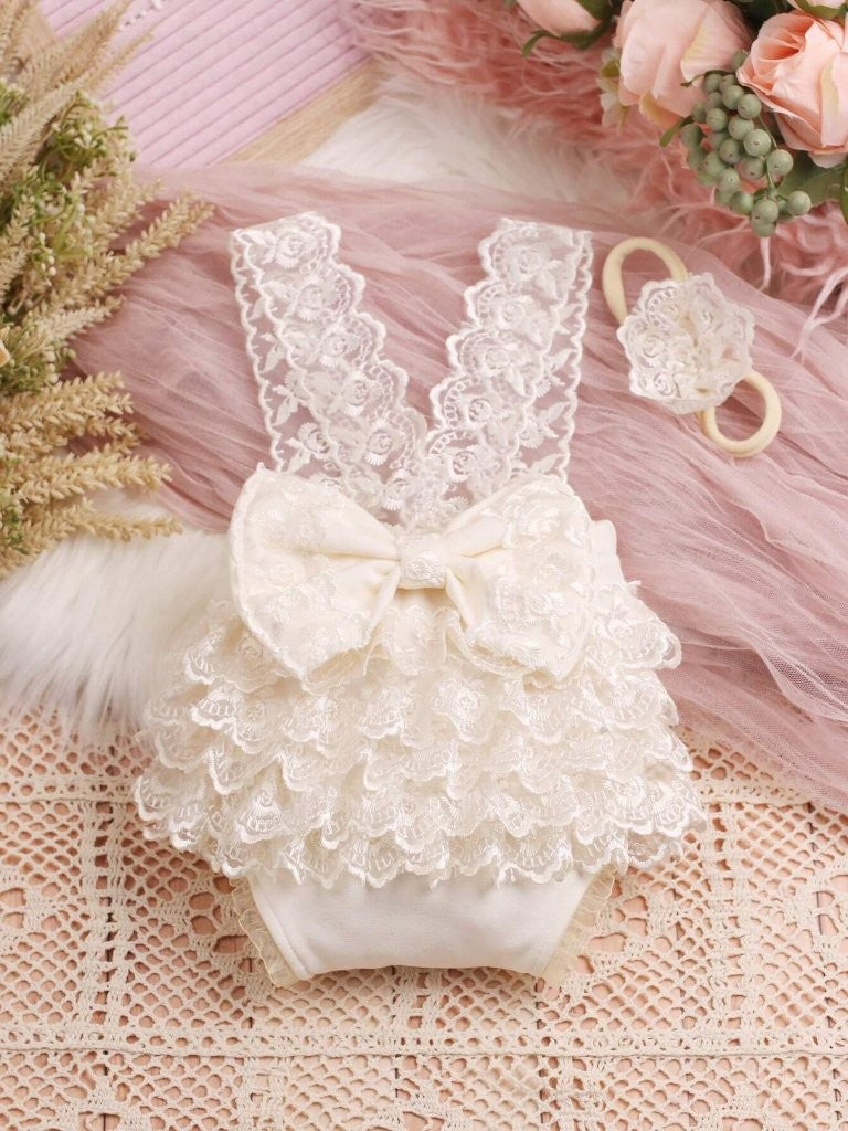 Baby Photography Newborn Contrast Lace Bodysuit With Headband
