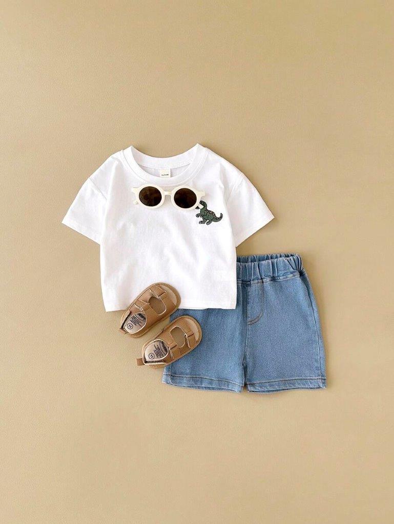 Baby White Dino Tee And Denim Shorts Set