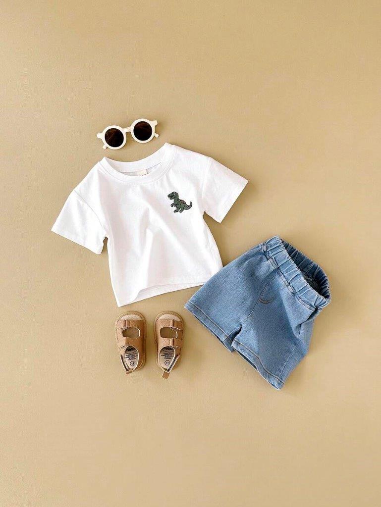Baby White Dino Tee And Denim Shorts Set
