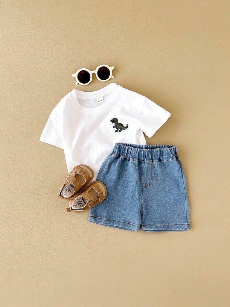 Baby White Dino Tee And Denim Shorts Set