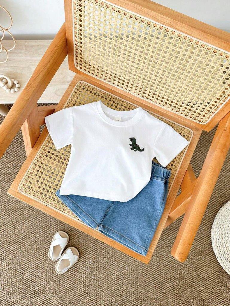 Baby White Dino Tee And Denim Shorts Set
