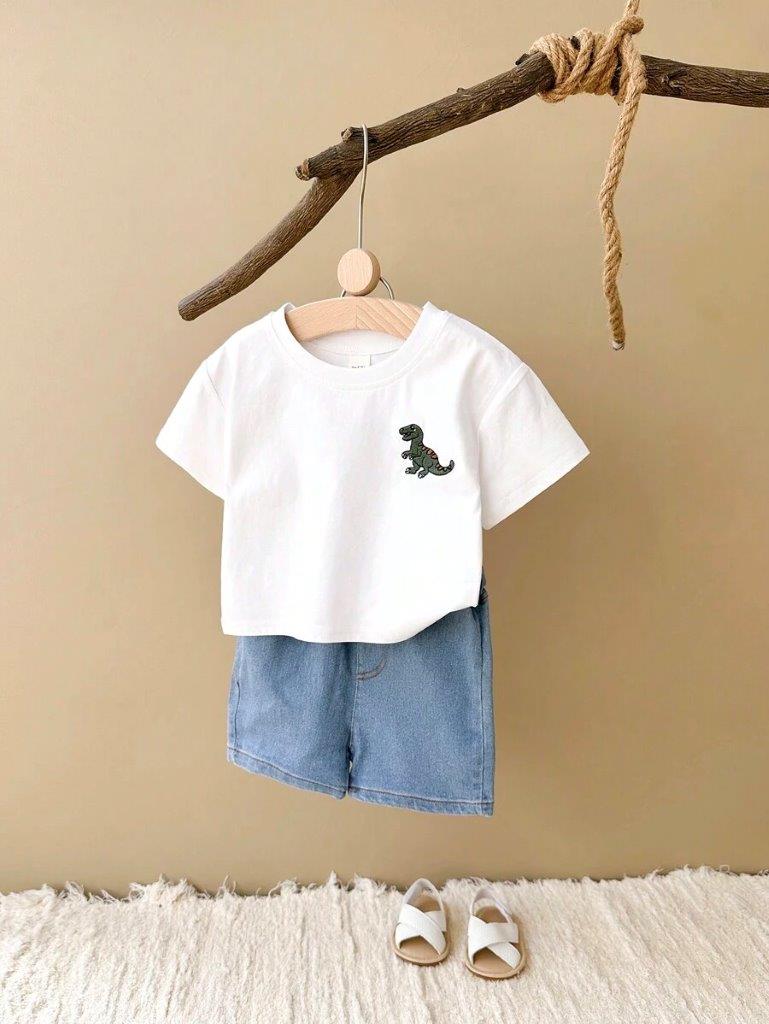 Baby White Dino Tee And Denim Shorts Set