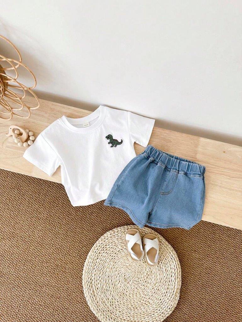 Baby White Dino Tee And Denim Shorts Set