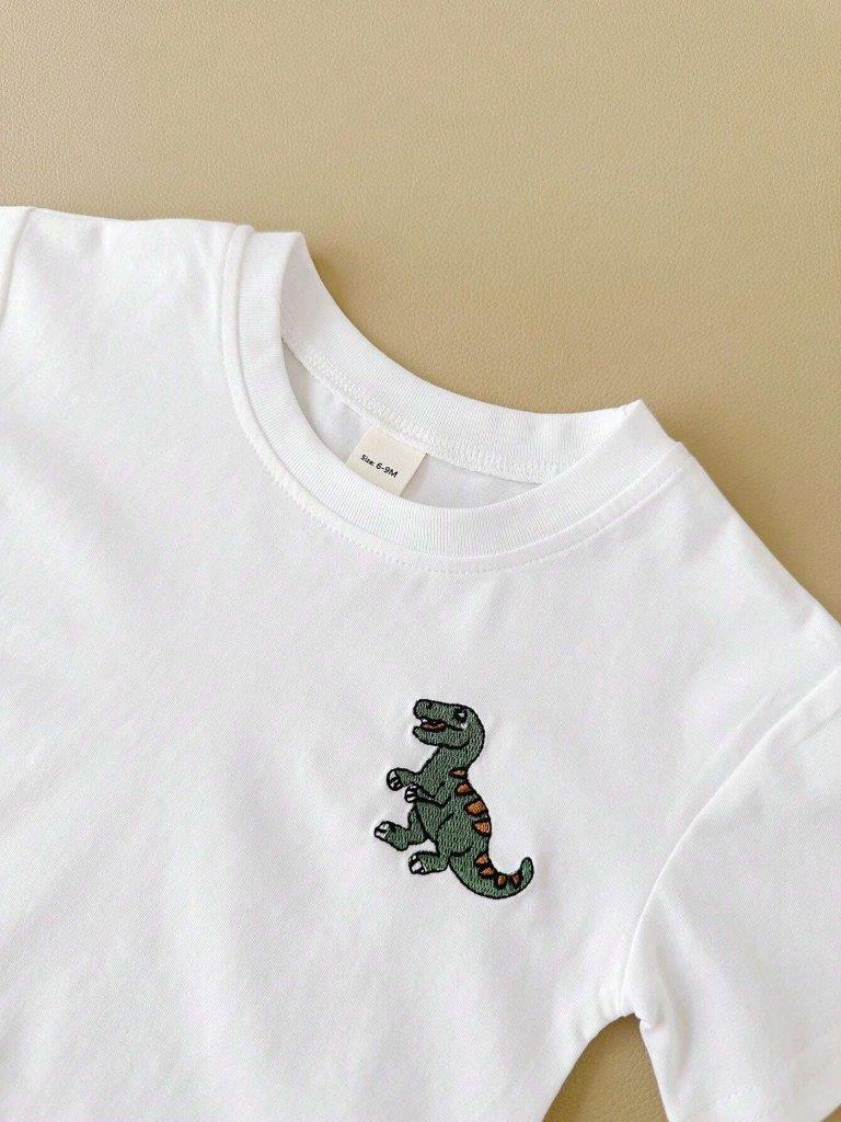 Baby White Dino Tee And Denim Shorts Set