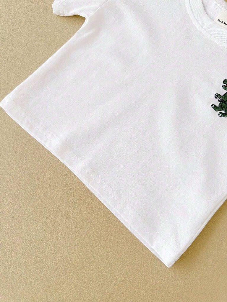 Baby White Dino Tee And Denim Shorts Set