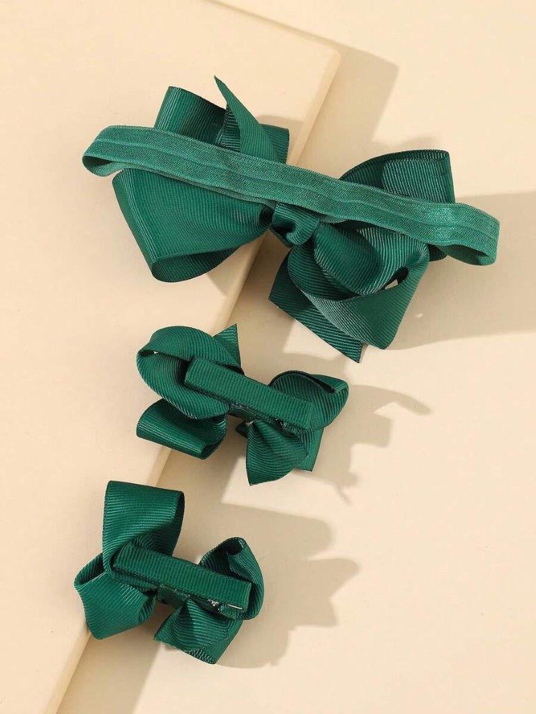 Baby Bow Headband With Clips Set Green