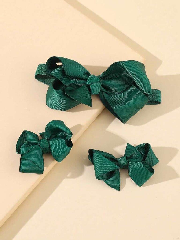 Baby Bow Headband With Clips Set Green