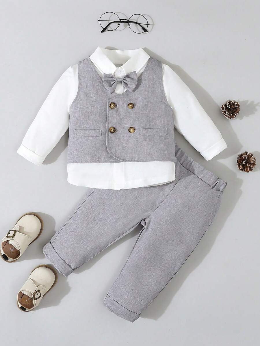 Baby 3 Piece Bow Tie Shirt, Vest And Pants Set Grey