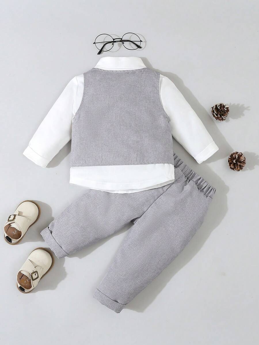 Baby 3 Piece Bow Tie Shirt, Vest And Pants Set Grey