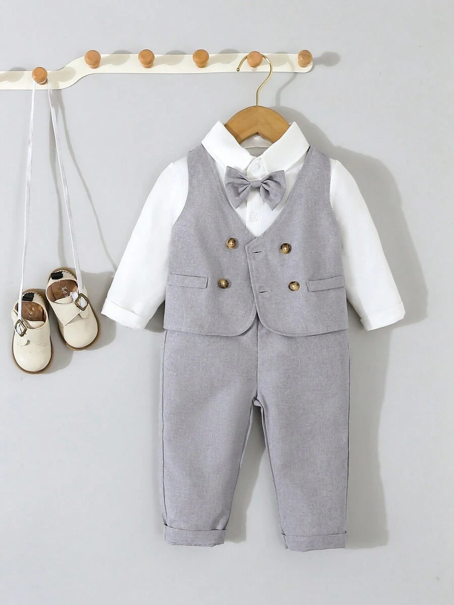 Baby 3 Piece Bow Tie Shirt, Vest And Pants Set Grey