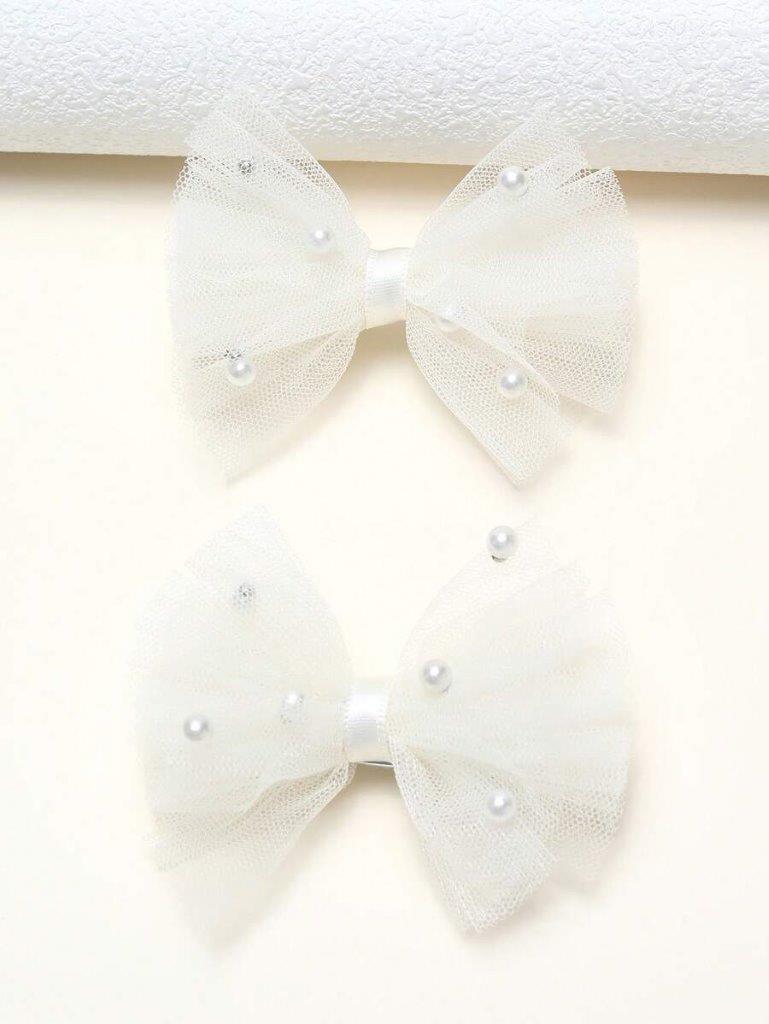 2 Piece White Mesh Pearl Hair Clips